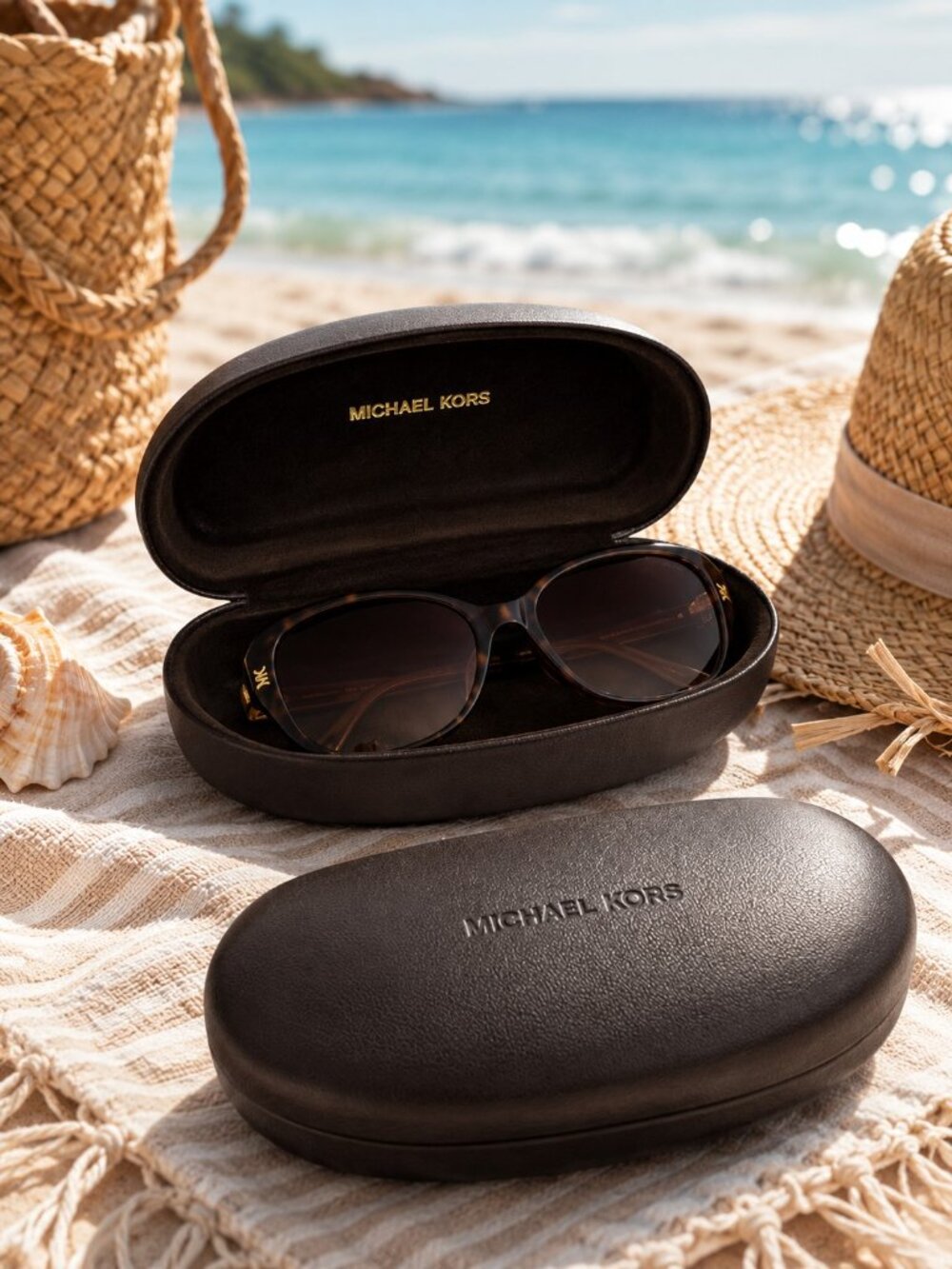 Michael Kors Brown Faux Leather Hard Clamshell Eyeglass Sunglasses Case Logo